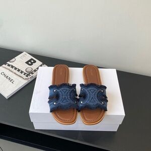 Celine Blue Denim Embellished Slide Mules